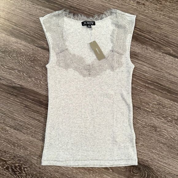 J. Crew Fine Rib Scoop Neck Tank Top with Lace Trim New - Picture 1 of 5